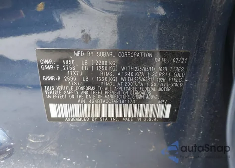 2021 Subaru Outback Premium z USA, uszkodzony, nr VIN 4S4BTACC7M3181173